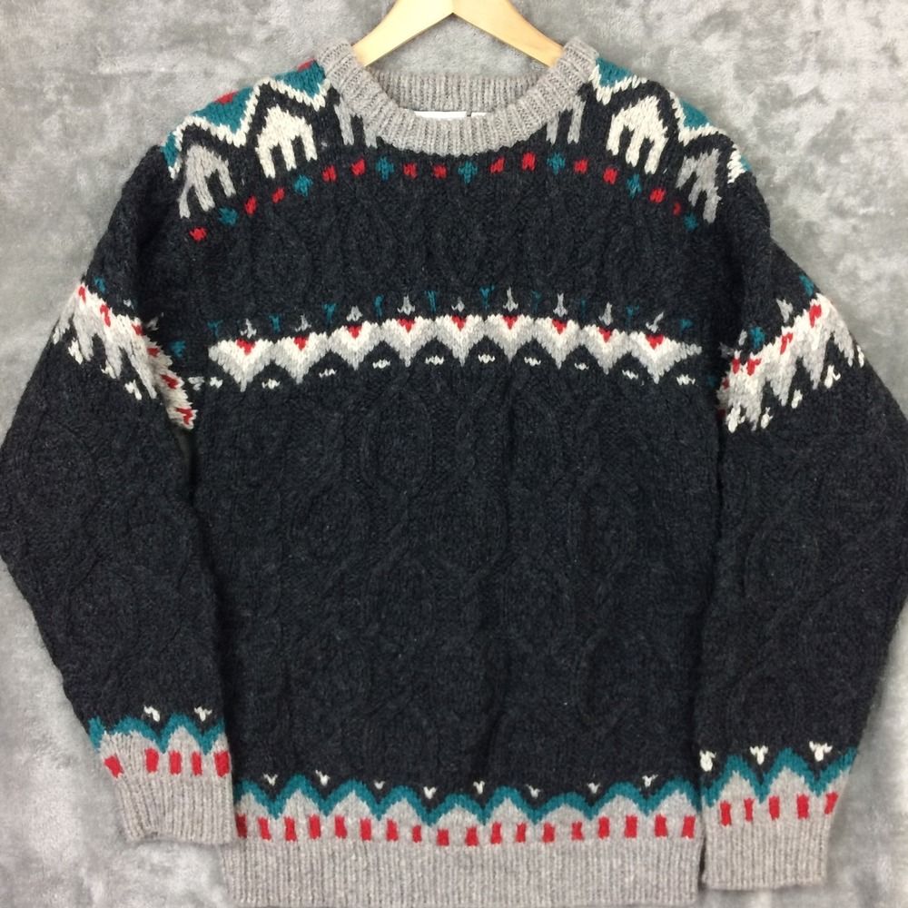 Vtg Via Condotti Wool Sweater Mens Large Cable Knit Grey Nordic Handknit‎
